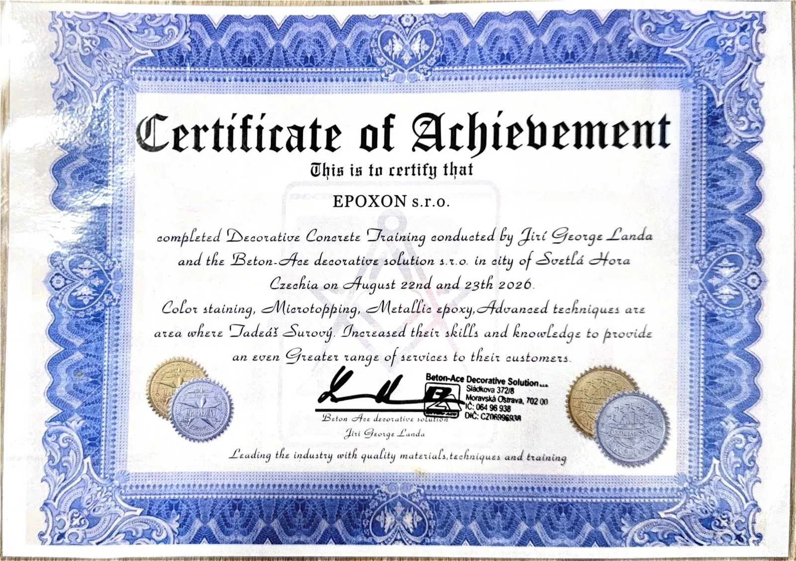 Zertifikat von Beton-Ace für EPOXON